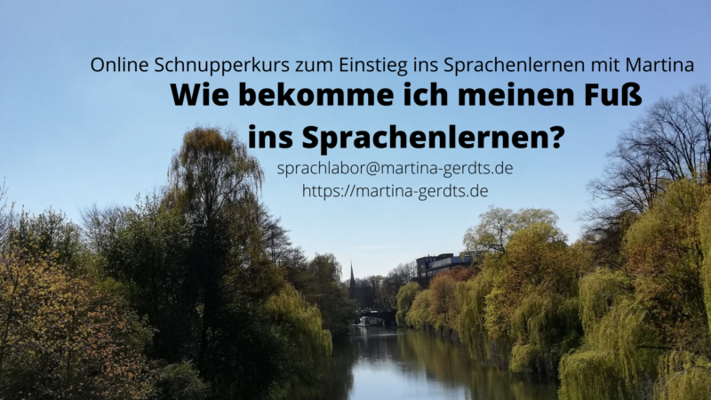 Header mit Naturbild mit Fluss, Bäumen und blauem Himmel und schwarzer Schrift mit folgendem Text: "Online Schnupperkurs zum Einsteig ins Sprachenlernen mit Martina - Wie bekomme ich meinen Fuß ins Sprachenlernen?" sprachlabor@martina-gerdts.de, https://martina-gerdts.de